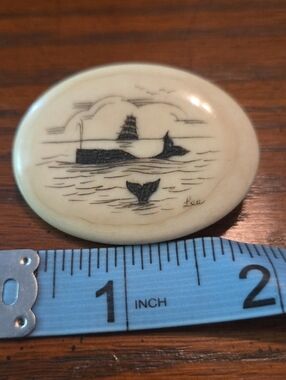 Ivory Tone Whale Scrimshaw Pin - Signed "Lee"